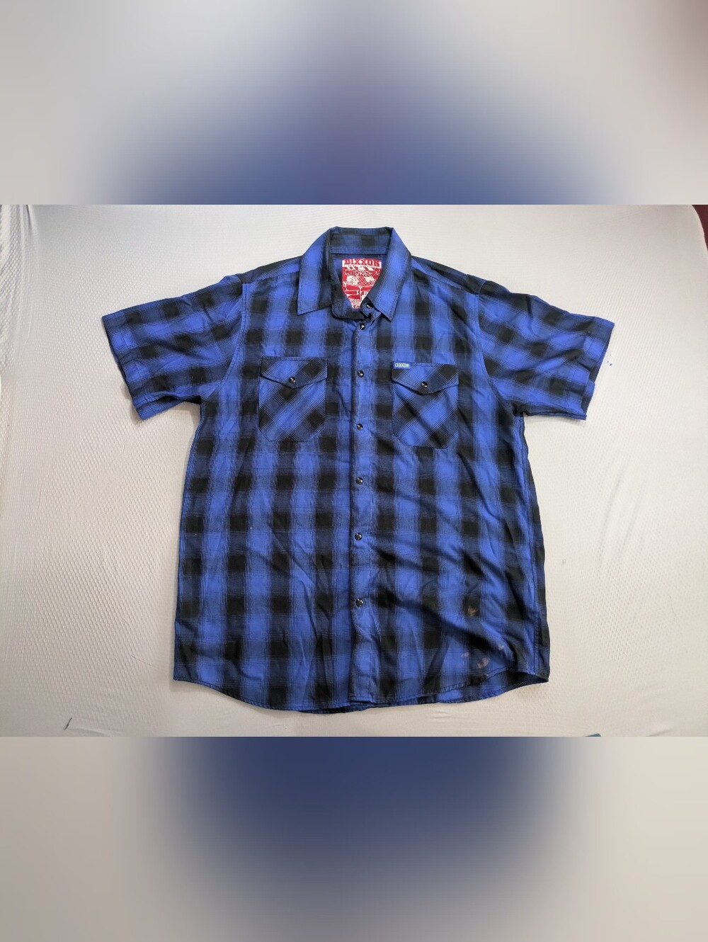 Dixxon City Gardens Bamboo Blend Short Sleeve Shirt Mens L Blue Black Plaid